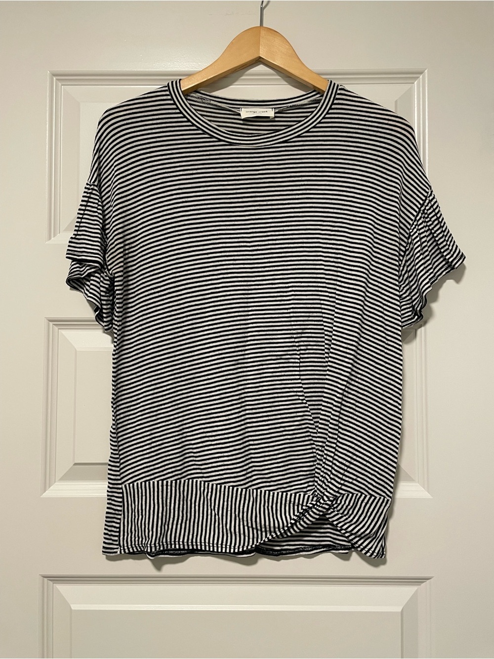 Striped Black & White Short Flutter Sleeve Knot Hem Shirt